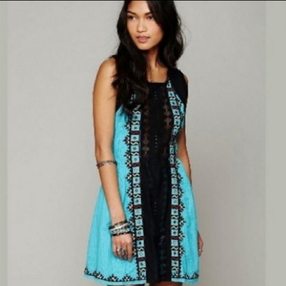 FREE PEOPLE Turquoise & Black Embroidered Bohemian Boho Sleeveless Mini Dress